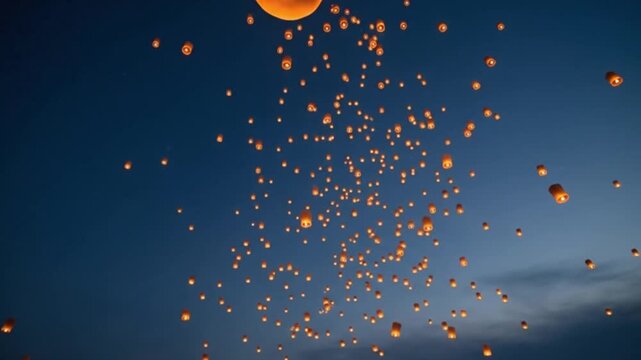 Hundreds of Flying Sky Lanterns Illuminate Dark Night Sky | Magical Thai Yee Peng or Chinese Kongming Lantern Festival Background