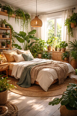 Cozy Boho Bedroom with Abundant Indoor Plants and Natural Light Creating Calm Lifestyle Atmosphere