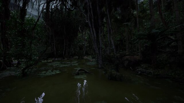moonlit swamp at night with towering cypress trees, dense lily pads and glassy water reflecting faint starlight mist clings to mossy roots, shadowed canopy