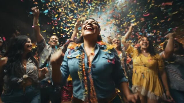 A diverse group of joyful people celebrating, dancing vigorously with raised arms as bright colorful confetti showers down, filling the dark vibrant event space.