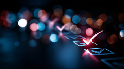 Abstract digital checklist interface with checkmarks heavily defocused glowing bokeh lights background representing progress completion and data processing task management