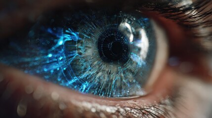 closeup of an eye with intricate blue digital patterns suggesting advanced biometric technology for scanning or security purposes
