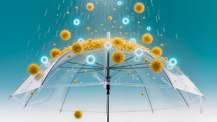 Conceptual visual showing an umbrella acting as a shield against yellow pollen spores or pathogens. Includes glowing digital elements to represent a high-tech or biological defense mechanism. Ideal fo