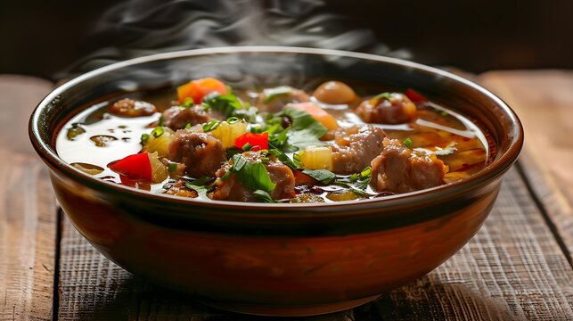 A steaming bowl of hearty stew with meat and vegetables on a rustic wooden table surface view from above - Powered by Adobe