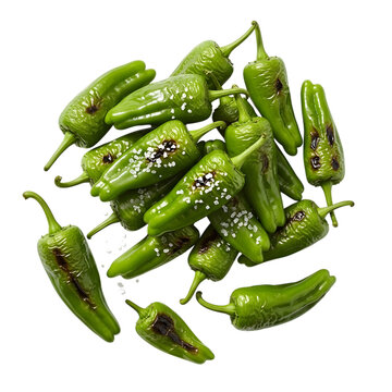 Pile of fresh green padron peppers sprinkled with salt, isolated on transparent background