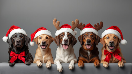 Five Dogs Wearing Christmas Hats and Bows on a Gray Background