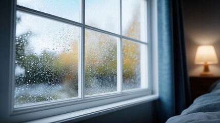 Fototapeta premium Bedroom window with morning condensation and warm interior light.