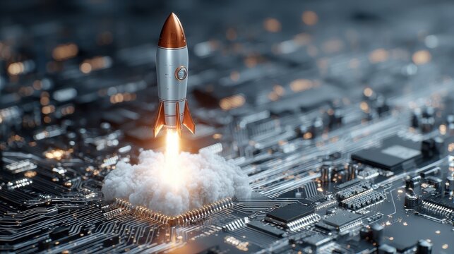 stunning rocket launching from a futuristic circuit board symbolizing innovative technology and digital transformation for business success