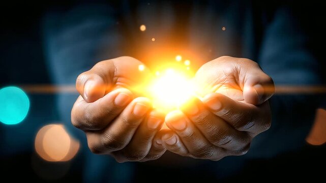 Faceless person's hands cupped together holding small glowing light, inner spirituality metaphor, hope symbolism, defocused dark background, divine spark concept, with copy space
