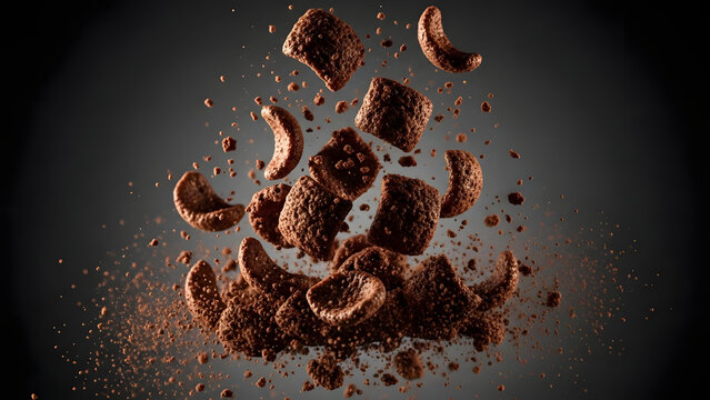 A dynamic action shot Chocolate cereal pillows splash into a rich pool of liquid chocolate against a dark, moody background. Ideal for food advertising, branding, or snack concepts.
