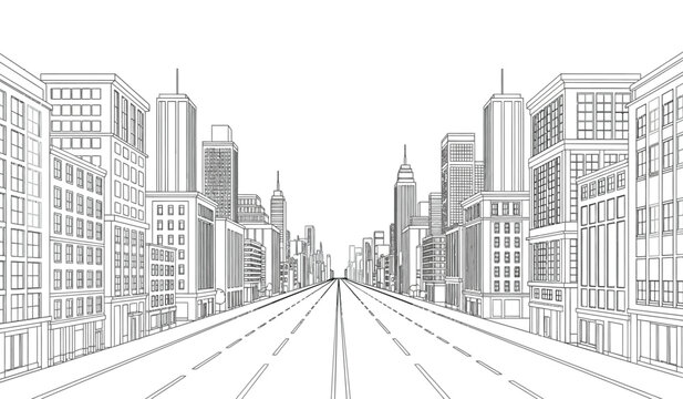 a detailed line drawing depicts a long straight city street receding into the distance flanked by tall buildings and skyscrapers showcasing urban architecture