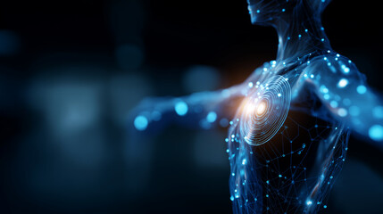 Futuristic human body scan with glowing blue digital interface heavily defocused background medical technology visualization health monitoring display biometric analysis