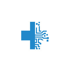 Fototapeta premium Blue plus sign made of circuit board elements on grey background