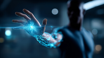 Futuristic human body scan with glowing blue digital interface heavily defocused background medical technology visualization health monitoring display biometric analysis