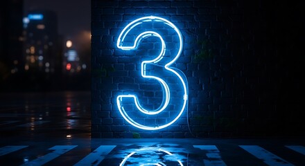Vibrant blue neon number three glows against a dark, wet urban background at night.