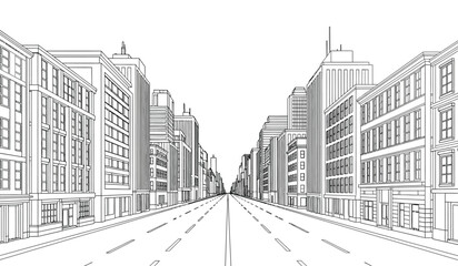 An architectural rendering depicts a long straight city street lined with tall buildings and a vanishing point perspective high quality professional detailed modern