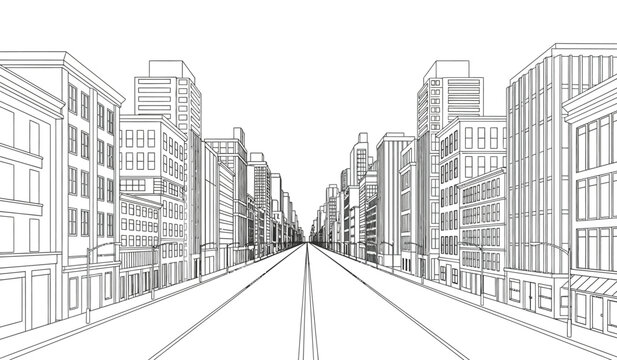 a detailed architectural rendering showcases a long straight city street lined with tall buildings creating a sense of urban depth and perspective