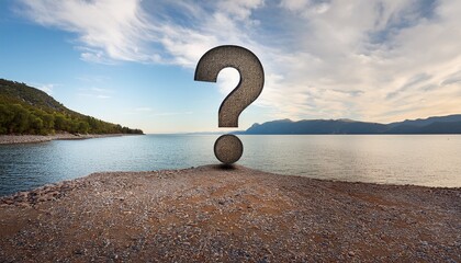 Enigmatic Inquiry The Giant Question Mark On A Serene Lakeside Shore