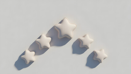 Fototapeta premium Five soft, 3D rendered white stars with a snowy texture, arranged in an arc on a light background with bokeh lights. Ideal for rating, feedback, review, and achievement concepts. 