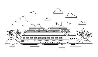 a detailed line art illustration depicts a large cruise ship sailing on calm waters under a partly cloudy sky with palm trees and birds © rsvect02
