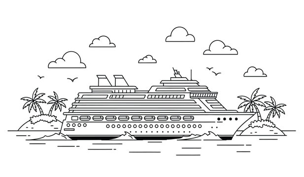 a detailed line art illustration depicts a large cruise ship sailing on calm waters under a partly cloudy sky with palm trees and birds