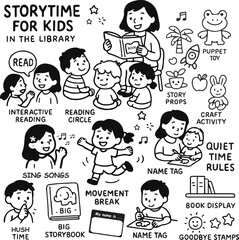 Hand drawn story time for kids at the library. Stock vector illustration.