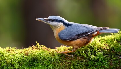 A Nuthatch Perched On A Mossy Log
