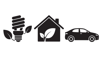 Eco-friendly icons in simple flat design with green leaves and black color on white background for environmental awareness