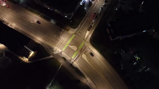 Overhead aerial view of 3 way intersection at night