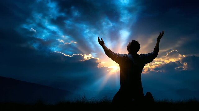 Silhouette of faceless person kneeling in prayer position with arms raised toward illuminated sky, spiritual devotion moment, defocused divine light rays, contemplative worship sce