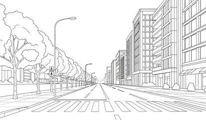 this detailed line art illustration depicts a long straight city street with buildings lining both sides trees and a clear perspective high quality