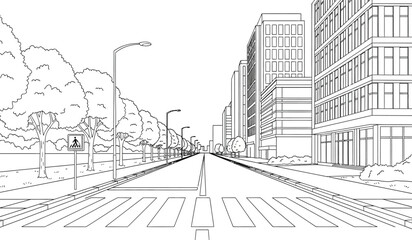 An artistic line drawing depicts a quiet city street lined with modern buildings trees and a crosswalk evoking a sense of urban tranquility