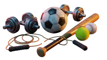 Sports equipment collection isolated on transparent background including ball and bat