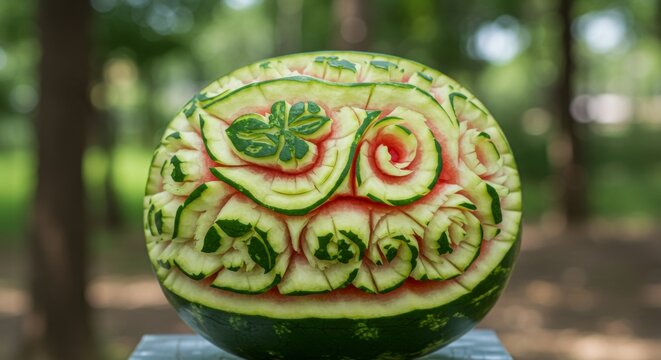 Intricate Rose Carving on a Watermelon Outdoors