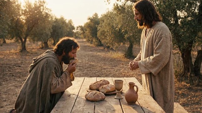 Jesus breaks bread with the apostle in a rustic setting