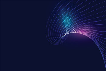 Abstract glowing neon particle wave swirling in futuristic digital space with dark blue background, dynamic motion design