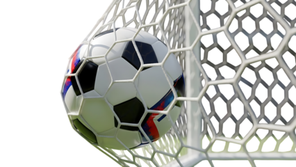 Soccer ball hitting the net isolated on transparent background