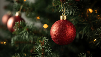 Fototapeta premium Red Glitter Christmas Ornament Hanging on Tree Branch with Lights