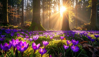 Forest floor covered with purple flowers bathed in the morning sun, shining bright between the towering trees