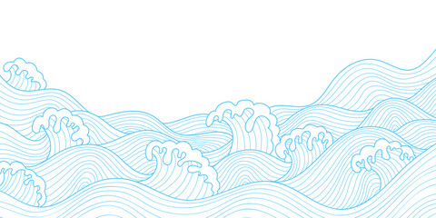 Japanese sea wave background vector. Blue wavy water lines design. Wallpaper design with blue and white ocean wave pattern backdrop. Modern luxury oriental illustration for cover, banner