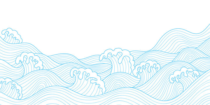 Japanese sea wave background vector. Blue wavy water lines design. Wallpaper design with blue and white ocean wave pattern backdrop. Modern luxury oriental illustration for cover, banner