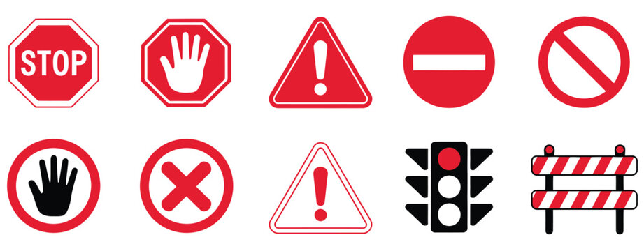 Red warning and prohibition signs, flat vector icons featuring stop, hand, danger, no entry, traffic light, and barrier symbols, perfect for safety posters, construction zones, traffic guides