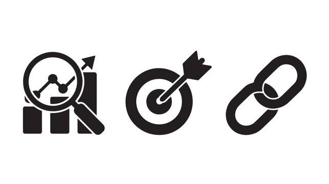 Black business icons in minimalist style with simple shapes and bold lines for marketing and branding