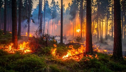 Obraz premium Forest floor engulfed in flames, towering trees against a vibrant sunset