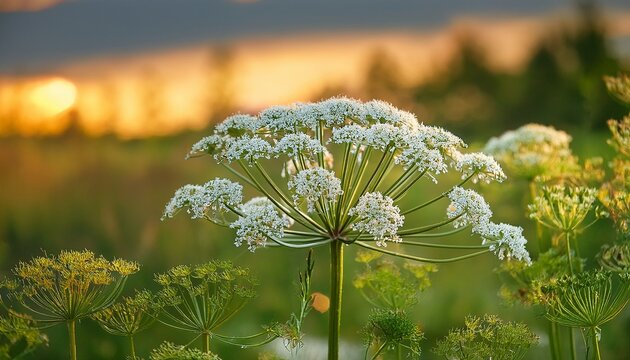Water Hemlock Conium Maculatum Wildflower Closeup Of Water Hemlock Flowers On Meadow On A Blurred Background