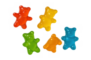 Gummy bears in various colors creating a sweet and chewy candy mix, transparent background for easy use