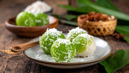 Green and white glutinous rice balls are arranged with shredded coconut on a rustic wood table