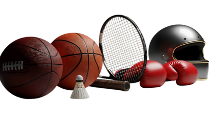 Sports equipment collection isolated on transparent background including balls rackets and helmets