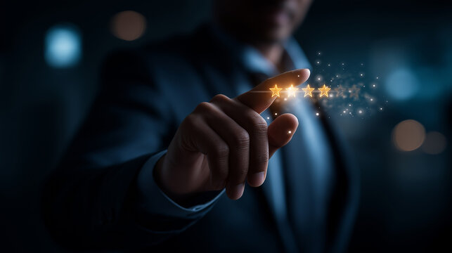 Faceless man in suit touching glowing five star rating interface heavily defocused dark background anonymous professional with quality assessment display customer satisfaction