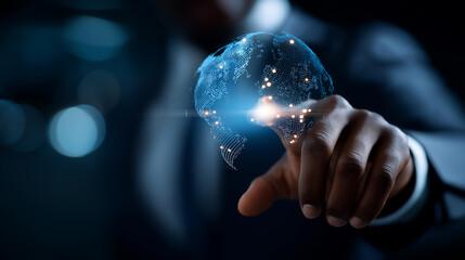 Faceless businessman touching digital interface with allocation icons heavily defocused satellite background anonymous professional with resource management display distribution